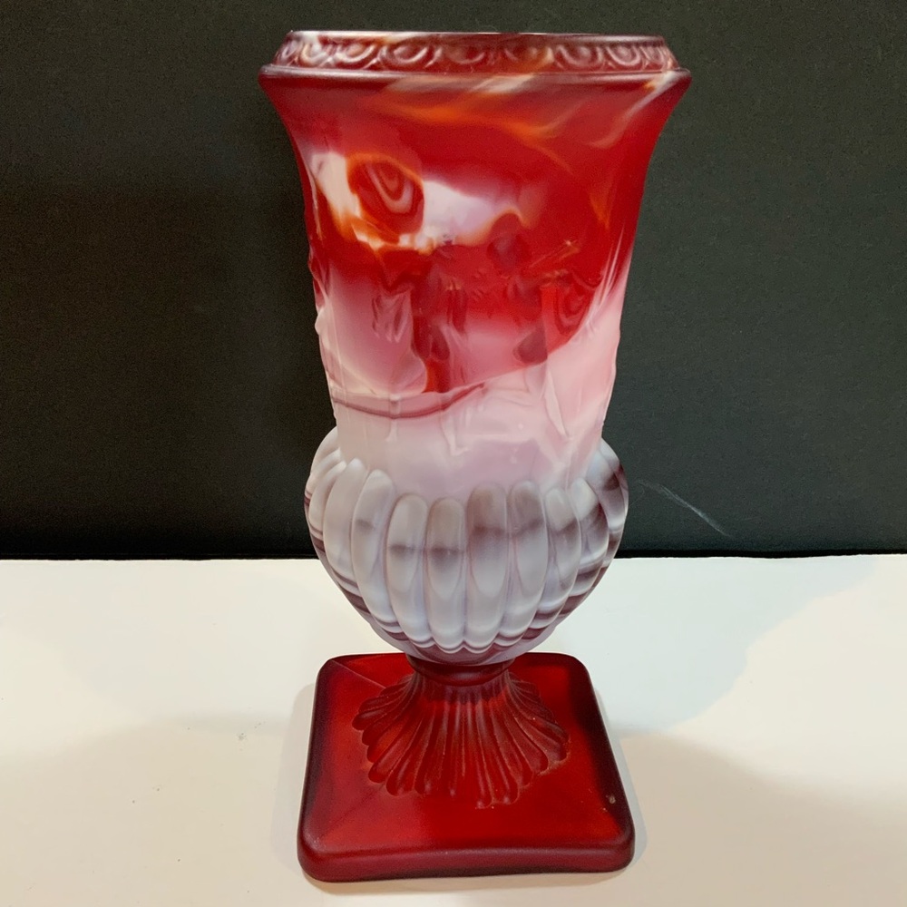 Imperial Slag Glass Red White Swirl Square Base 8 1/2 in Tall Vintage
